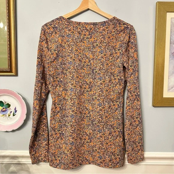 Peruvian Connection Floral Top Medium Long Sleeve Orange Boho Artsy Pima Cotton - Picture 2 of 7